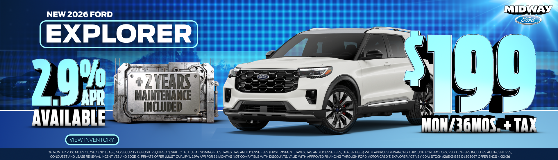2026 Ford Explorer $199mon/36mos. 2.9% 2.9% APR Available 