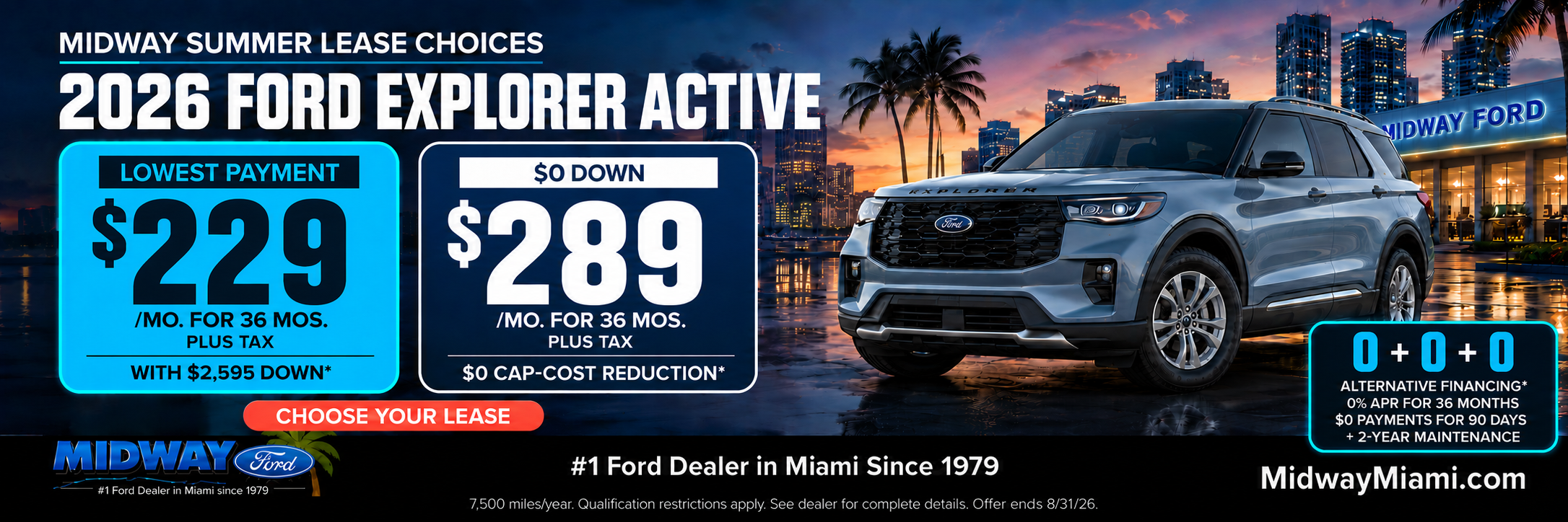 2026 Explorer Active: $229/mo + tax, $2,595 down