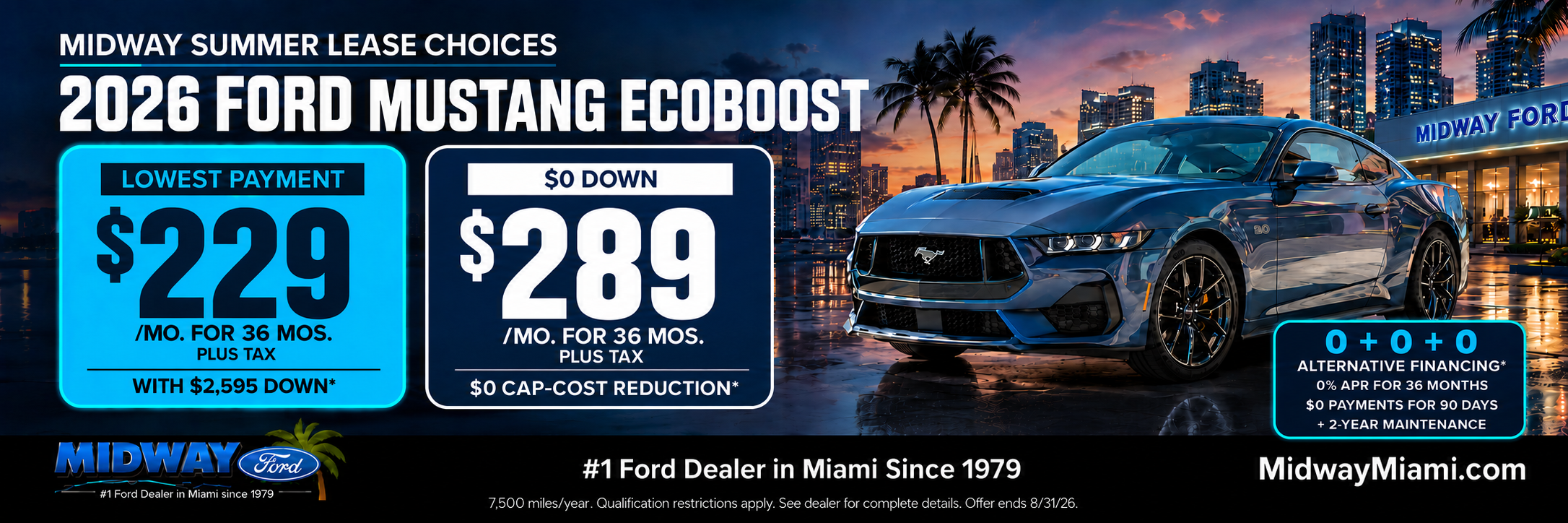 2026 Mustang EcoBoost: $229/mo + tax, $2,595 down