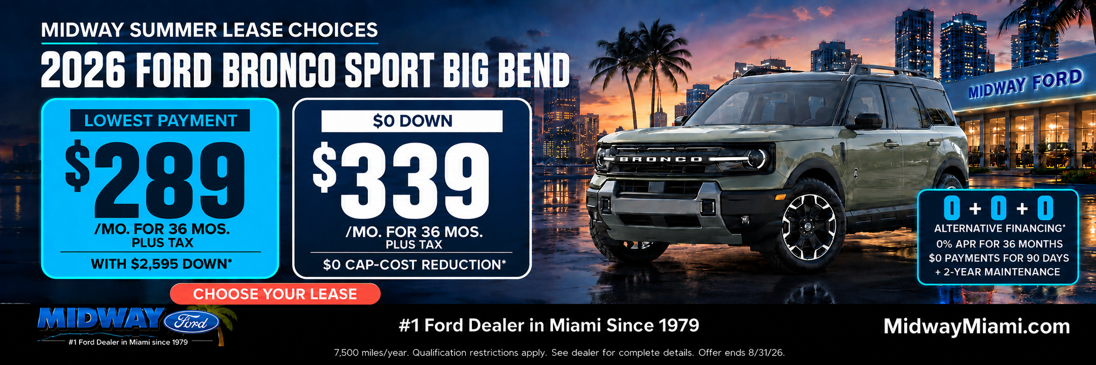2026 Bronco Sport Big Bend: $289/mo + tax, $2,595 down
