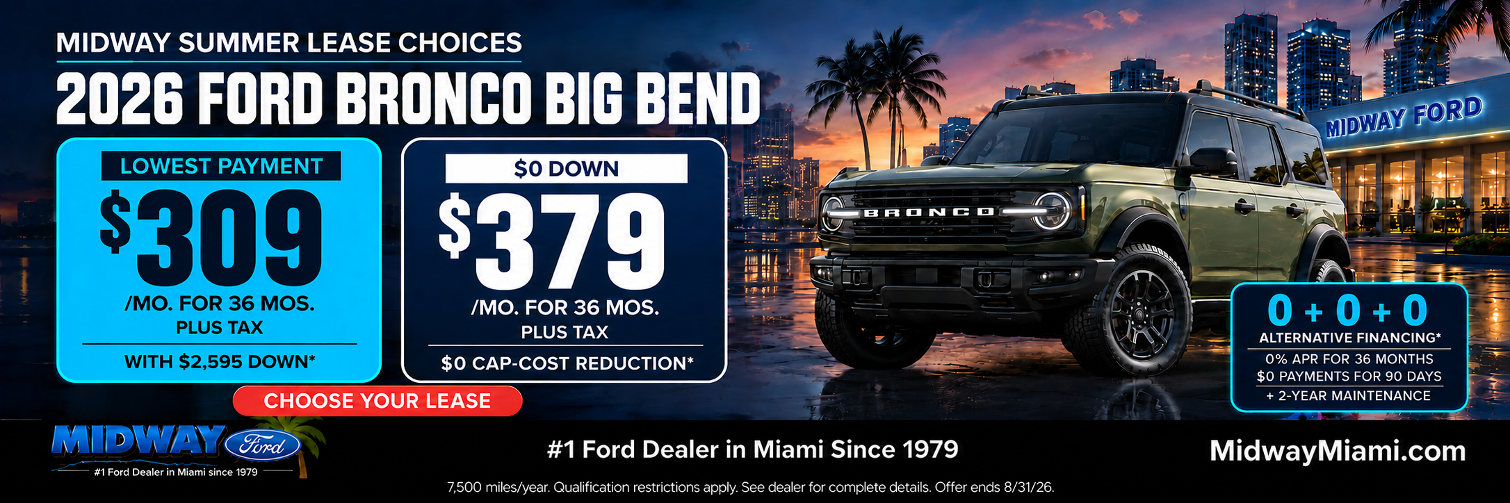 2026 Bronco Big Bend: $309/mo + tax, $2,595 down