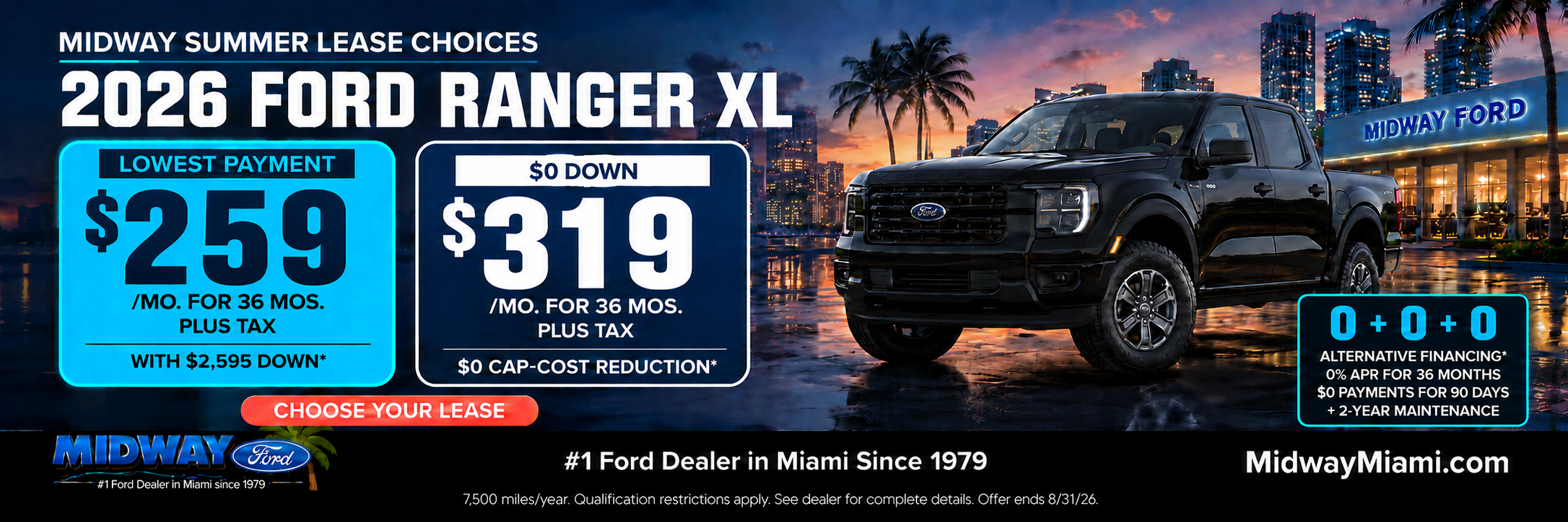 2026 Ranger XL: $259/mo + tax, $2,595 down
