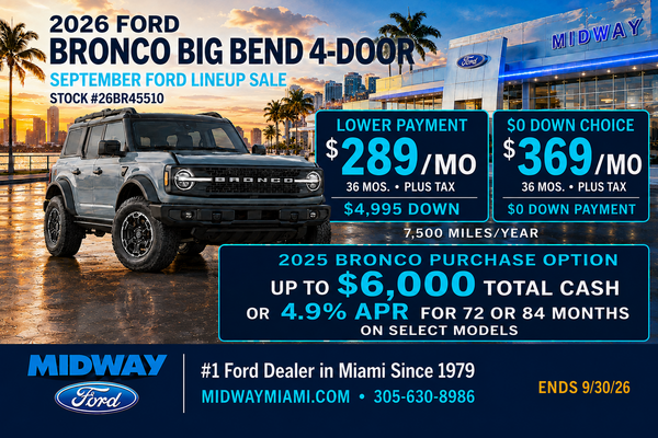 2026 Bronco Big Bend: $289/mo + tax, 36 mos, $4,995 down
