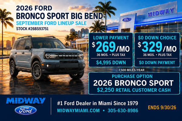 2026 Bronco Sport: $269/mo + tax, 36 mos, $4,995 down