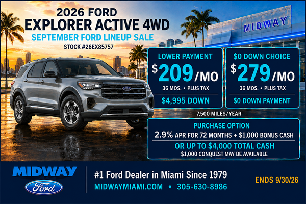 2026 Explorer Active: $209/mo + tax, 36 mos, $4,995 down