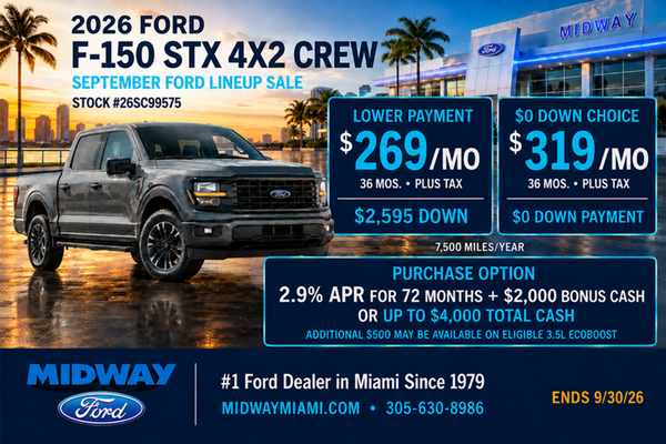 2026 F-150 STX: $269/mo + tax, 36 mos, $2595 down