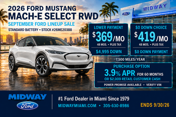 2026 Mustang Mach-E: $369/mo + tax, 48 mos, $4,995 down