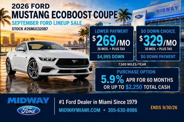2026 Mustang EcoBoost: $269/mo + tax, 36 mos, $4,995 down