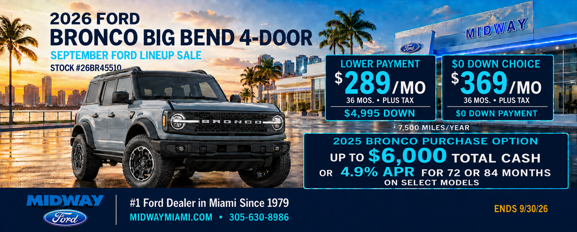 2026 Bronco Big Bend: $289/mo + tax, 36 mos, $4,995 down