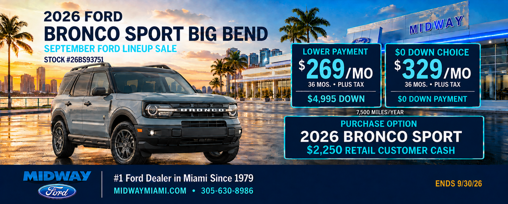 2026 Bronco Sport: $269/mo + tax, 36 mos, $4,995 down