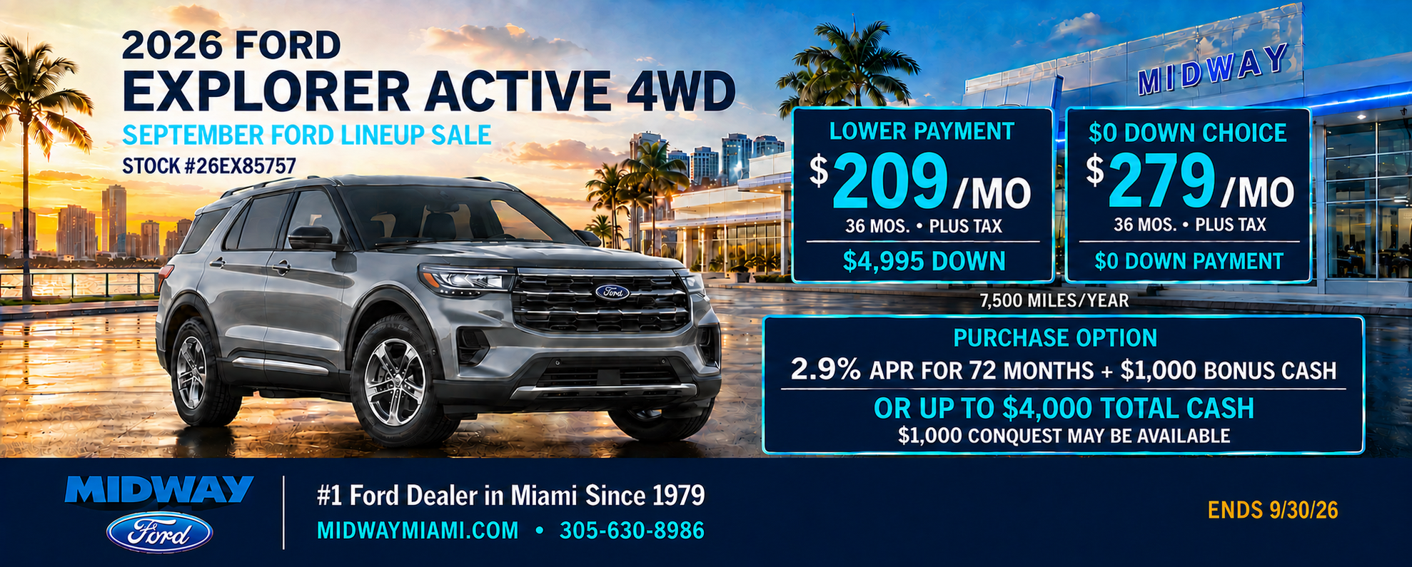 2026 Explorer Active: $209/mo + tax, 36 mos, $4,995 down