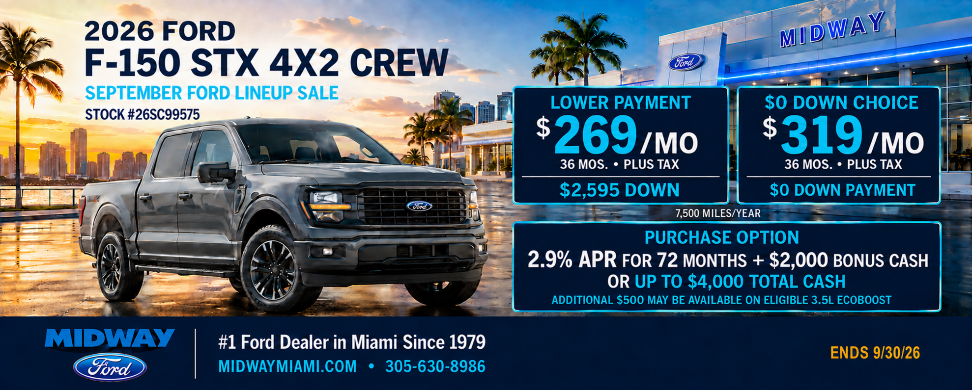 2026 F-150 STX: $269/mo + tax, 36 mos, $2595 down