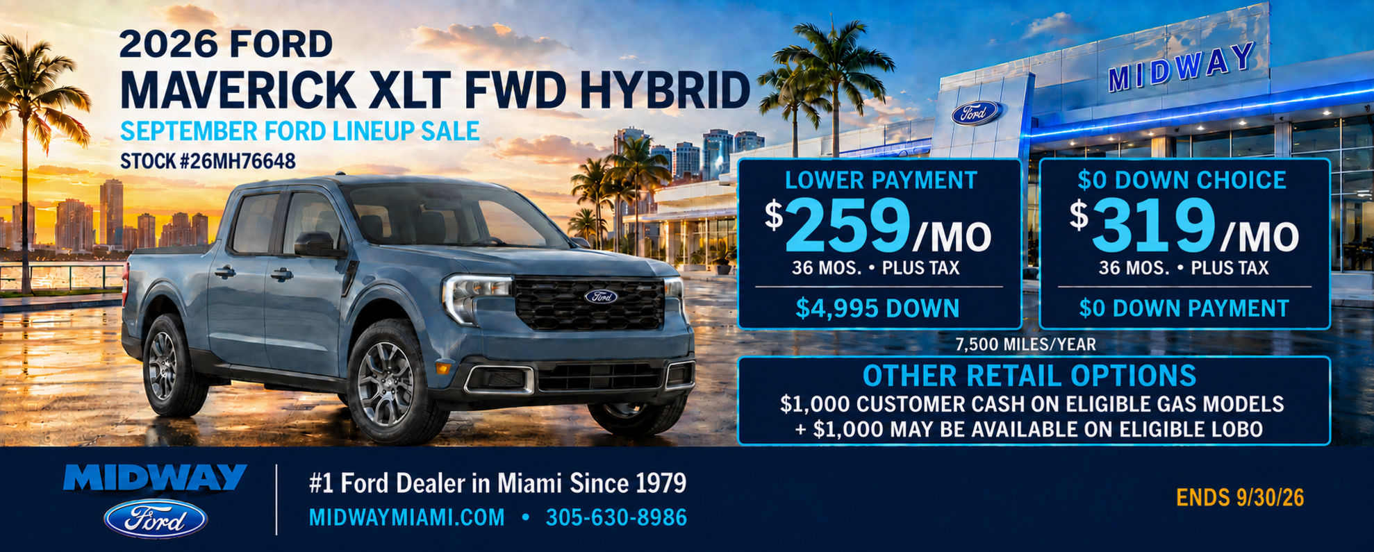 2026 Maverick Hybrid: $259/mo + tax, 36 mos, $4,995 down
