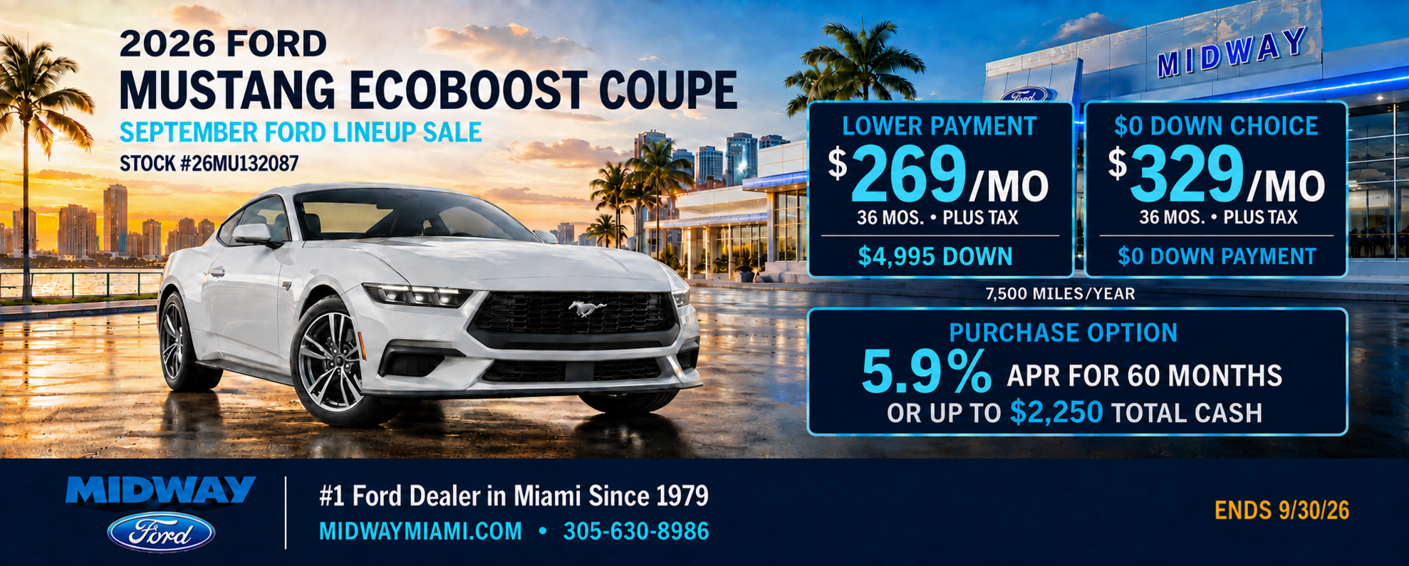 2026 Mustang EcoBoost: $269/mo + tax, 36 mos, $4,995 down
