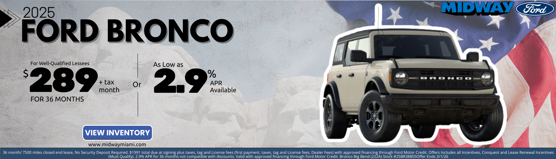 2025 Ford Bronco Big Bend - $289mon/36mos. + Tax 